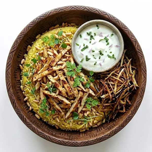 Chicken Maglouba with Fried Eggplant & Layered Rice